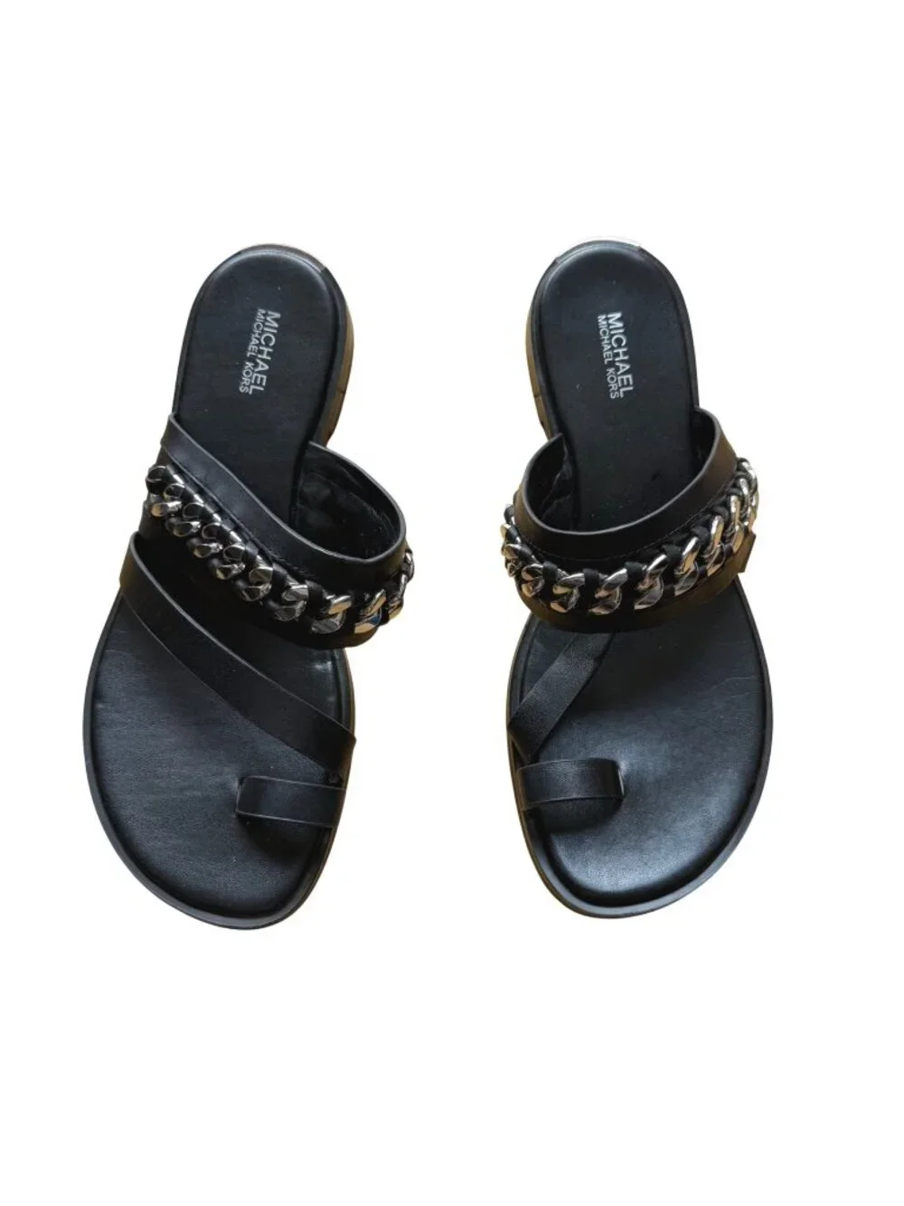 Michael Kors Bergen Women's Flat Slide Sandals 8.5 Black Leather Silver Chain